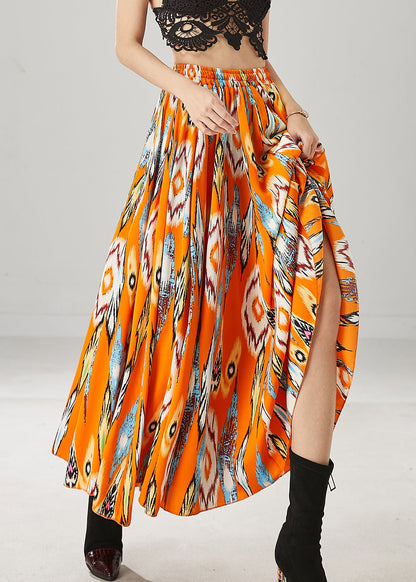 Orange Elastic Waist Print Chiffon Skirt Spring