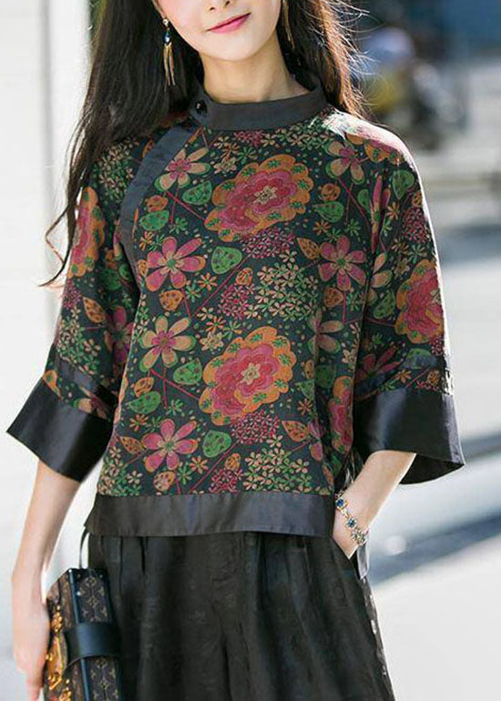 Modern Black Stand Collar Button Print Patchwork Silk Tops Spring