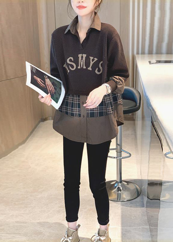 Loose Brown False Two Pieces Patchwork Cotton Shirt Top Fall