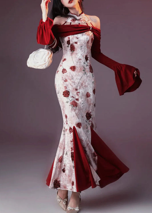 Red Print Patchwork Silk Velvet Fishtail Dresses Flare Sleeve
