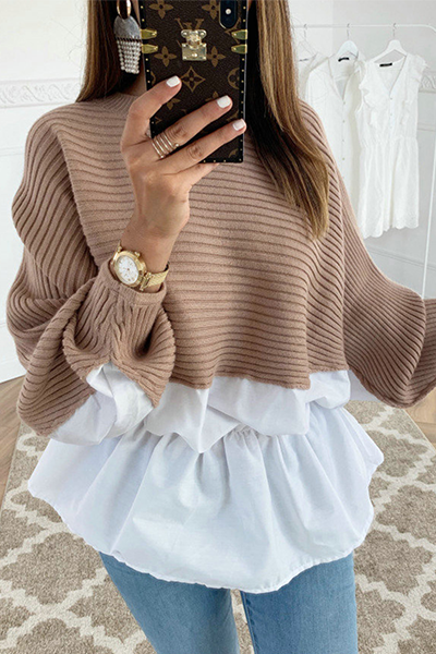 Patchwork Fold Contrast O Neck Tops