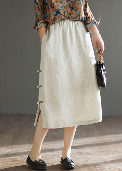 Linen Color Elastic Waist Side Open Oriental Button Linen Skirt Summer