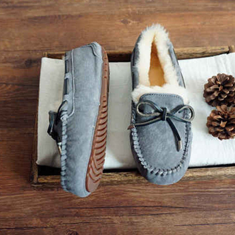Cozy Slip on Bow-knot Thick Wool Pea Lazy Winter Shoes