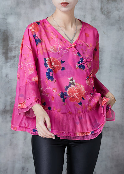 Rose Print Cotton Oriental Blouse Tops Spring
