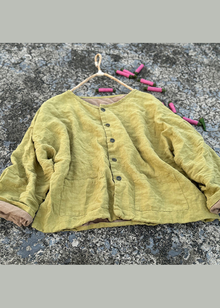 Green O Neck Pockets Button Linen Loose Coat Fall