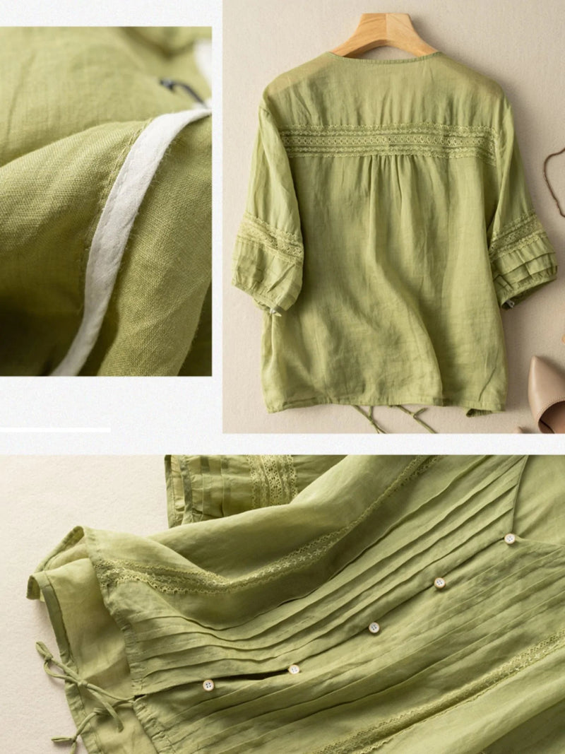 Pure Color V Neck 3/4 Sleeve Linen Top