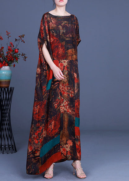 Orange Print Patchwork Asymmetrical Design Fall Maxi Dresses