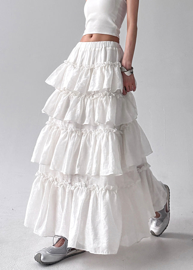 White Layered Ruffled Cotton Holiday Skirt Fall