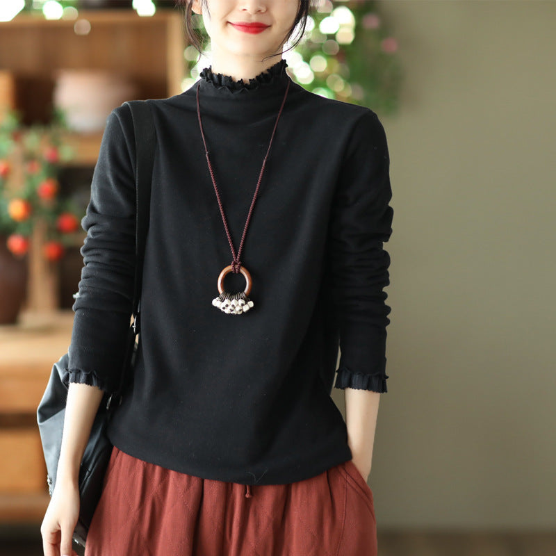 Long-sleeved Plus Fleece T-shirt With Retro Wooden Ears