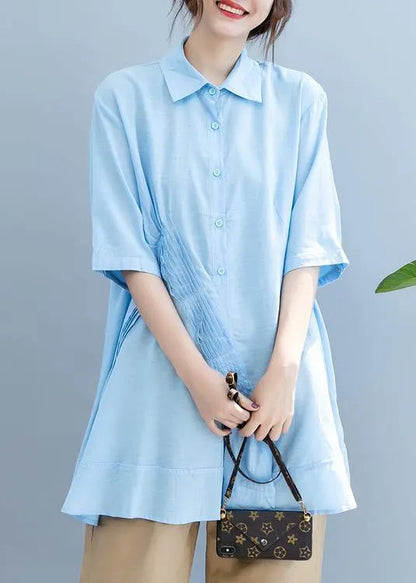 Handmade Light Blue Blouse Lapel Half Sleeve Midi Blouses