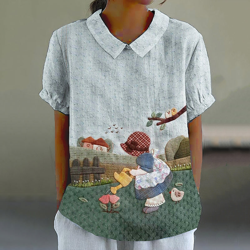 Vintage Linen Quilted Farm Cute Cartoon Pattern Lapel Shirt elevenforest
