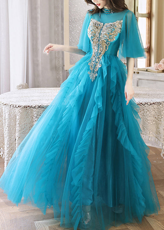 Boutique Peacock Blue Sequins Highwaist Long Dresses Half Sleeve