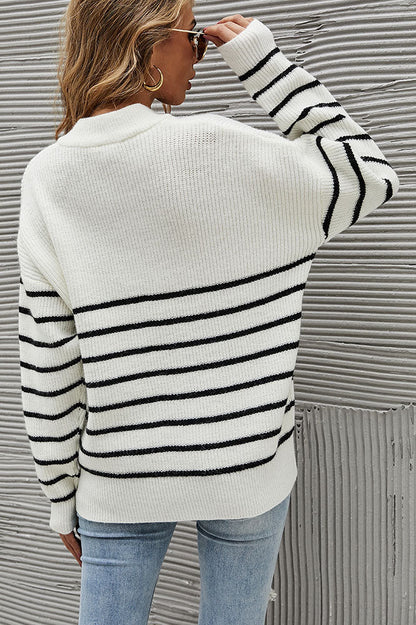 Striped Colorblock High Neck Zip Sweater