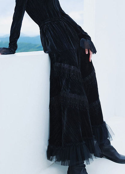 Black Patchwork Tulle Tasseled Velour Skirts Spring