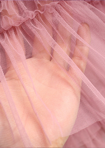 Pink Ruffled Asymmetrical Design Tulle Skirts Spring
