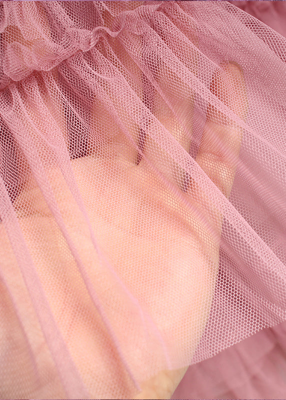 Pink Ruffled Asymmetrical Design Tulle Skirts Spring