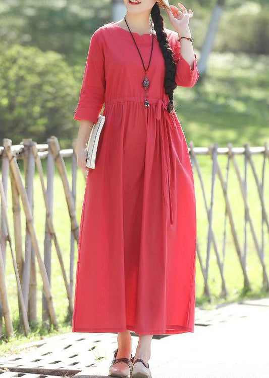 Red Linen Cotton Dresses Indian Pattern V Neck Three Quarter Sleeve Love Summer Dress