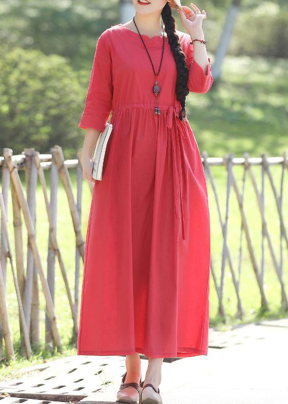 Red Linen Cotton Dresses Indian Pattern V Neck Three Quarter Sleeve Love Summer Dress
