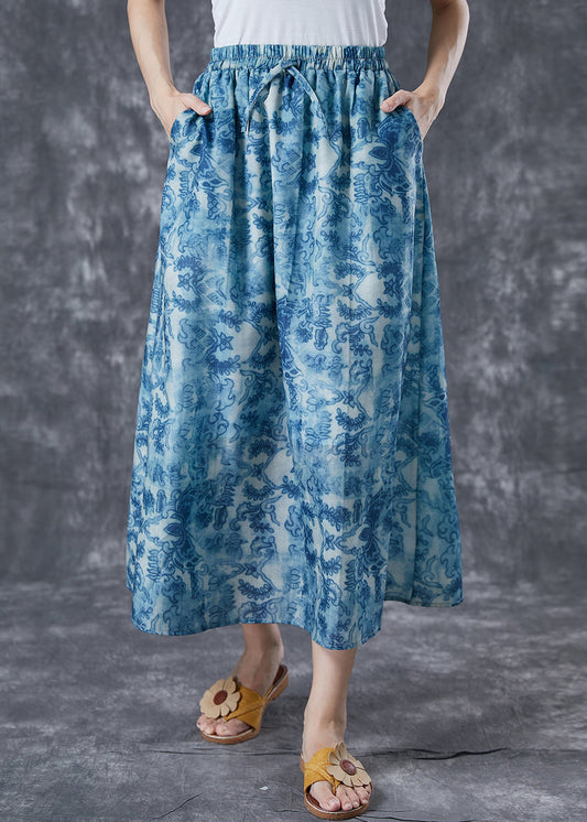 Blue Elastic Waist Print Linen a Line Skirts Summer