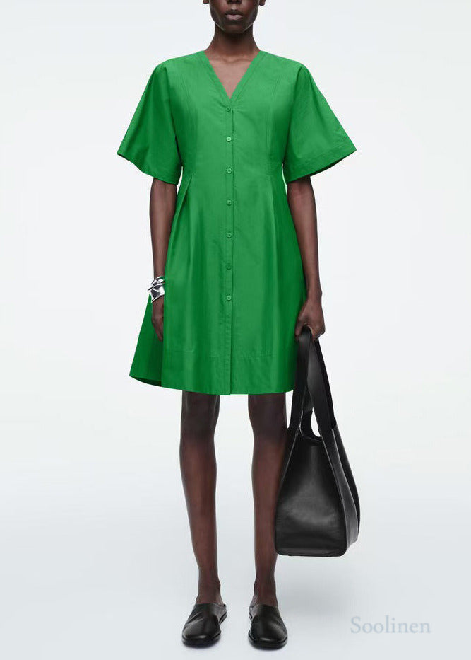 Grass Green V Neck Cotton Work Dress Summer
