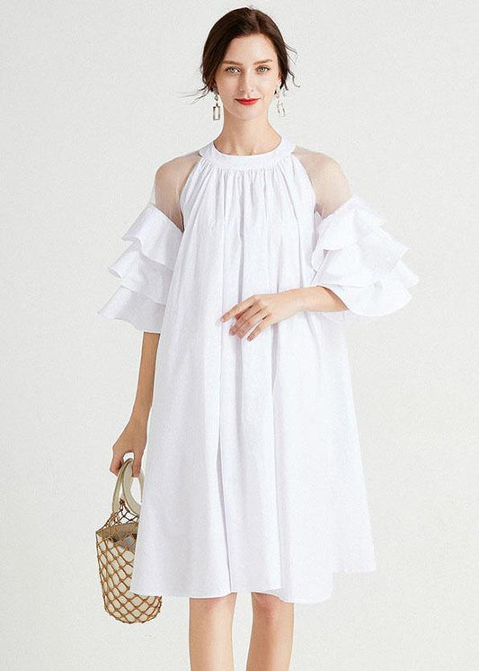 French White Hollow Out Ruffles Summer Cotton Holiday Dress