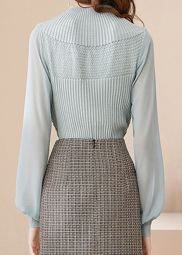 Light Green Half Turtleneck Tulle Patchwork Woolen Sweaters Lantern Sleeve
