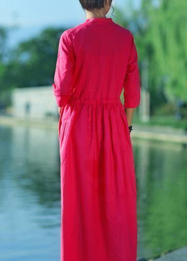 Red Embroidery Linen Robes V Neck Drawstring Summer Dresses