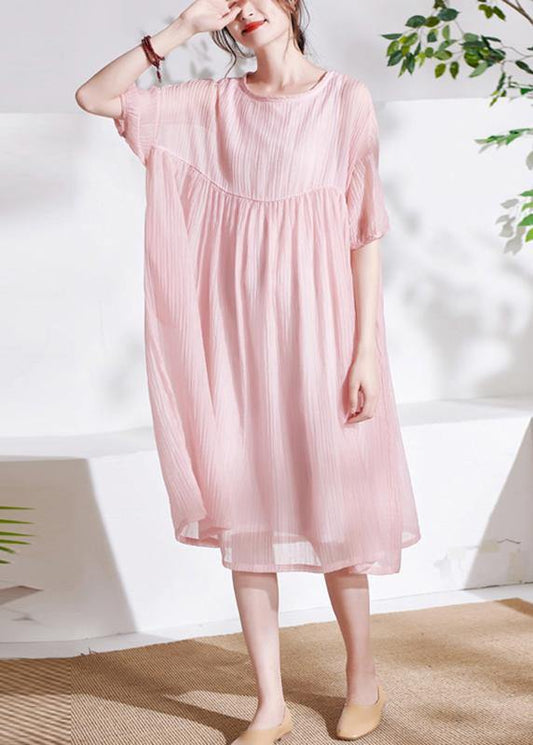 Pink O-neck Patchwork Summer Cotton Maxi Dresses Half Sleeve