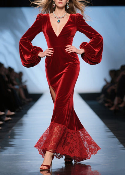Stylish Red Deep-v Neck Patchwork Silk Velvet Dinner Dresses Spring