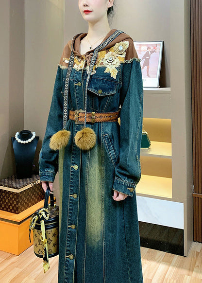 Hooded Sashes Patchwork Denim Shirts Dresses Spring