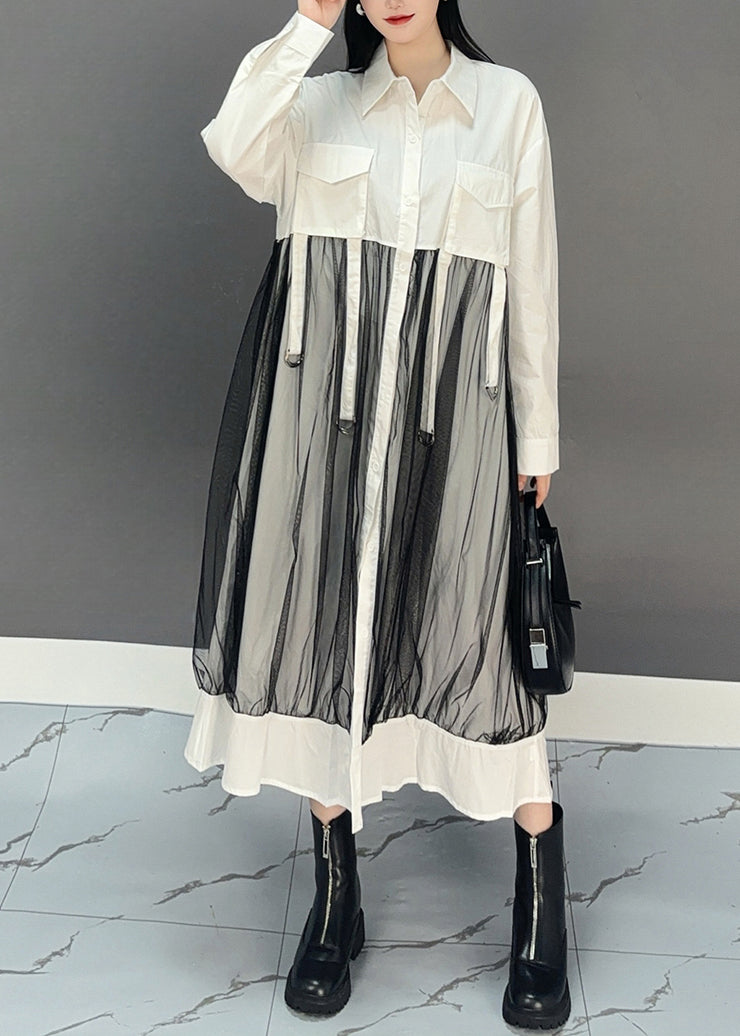 White Peter Pan Collar Asymmetrical Patchwork Long Shirts Dress Spring