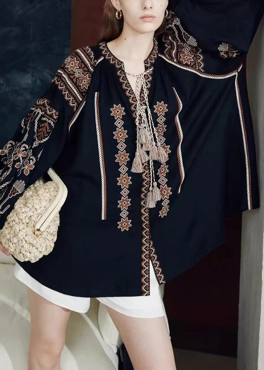 Loose Black Printing Patchwork Linen Shirts Puff Sleeve