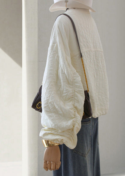 Beige Zip Up Drawstring Loose Cotton Jackets Lantern Sleeve