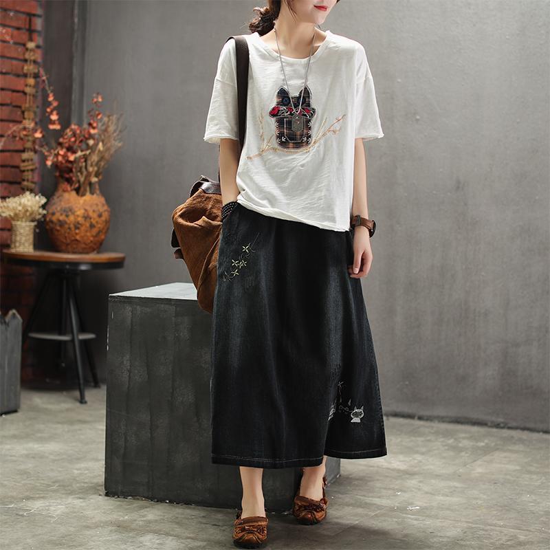 Embroidered Denim Retro Art Long Skirt