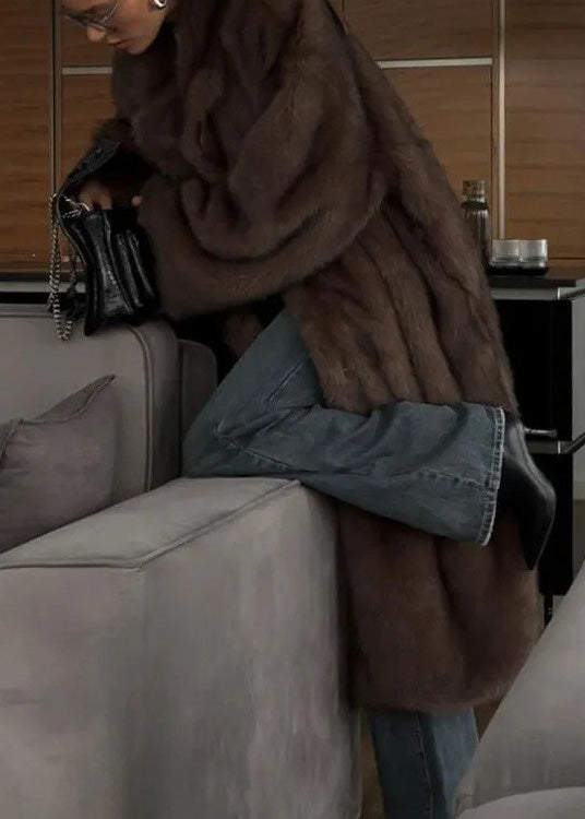 Brown Peter Pan Collar Pockets Faux Fur Coats Winter