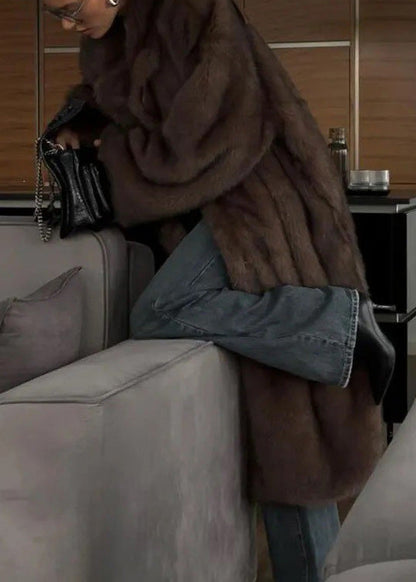 Brown Peter Pan Collar Pockets Faux Fur Coats Winter