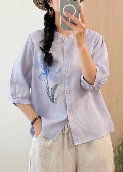 Orange Button Print Linen Blouses Half Sleeve