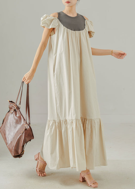 Apricot Cold Shoulder Patchwork Cotton Ankle Dress Summer