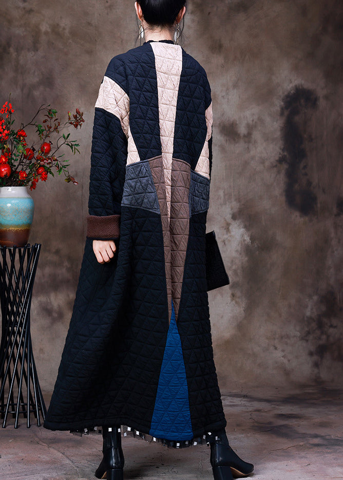 Style Apricot Black Colour Patchwork O-neck Cotton Thick Long Coat Long Sleeve