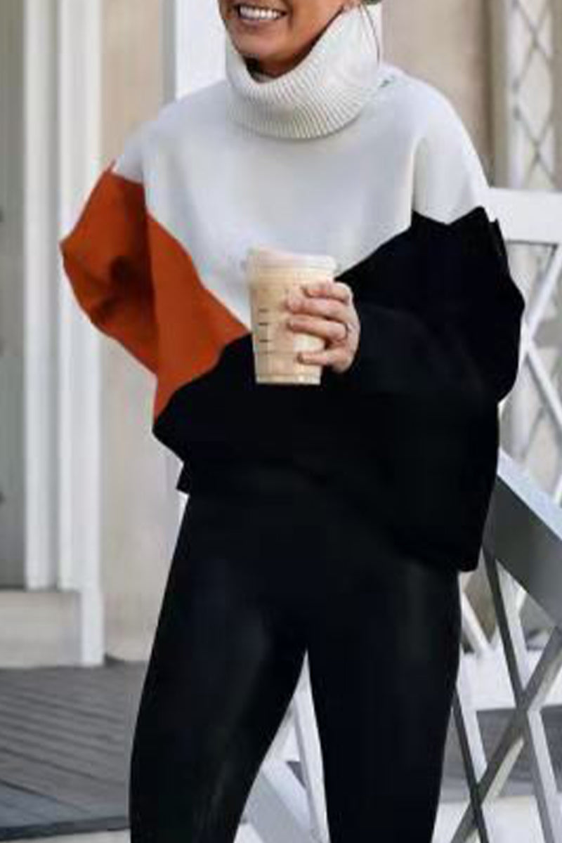 Work Color Block Patchwork Turtleneck Tops