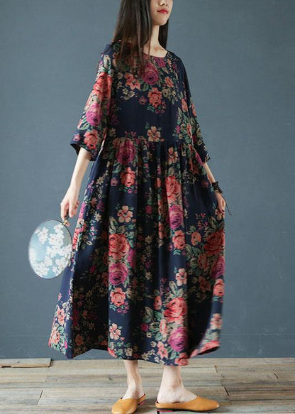 Italian O Neck Half Sleeve Cotton Clothes Neckline Blue Print Loose Dresses
