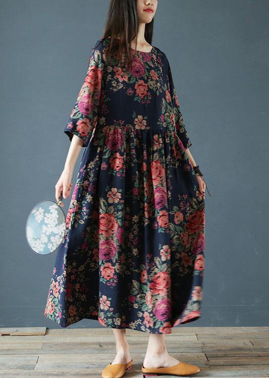 Italian O Neck Half Sleeve Cotton Clothes Neckline Blue Print Loose Dresses