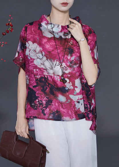 Purple Stand Collar Print Chiffon Tank Tops Summer