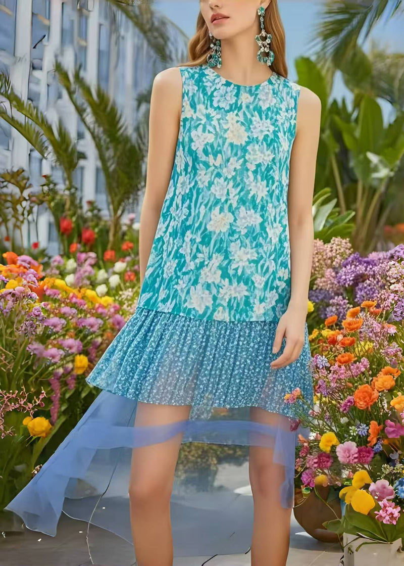 Blue Print Patchwork Chiffon Holiday Dress Low High Design Sleeveless