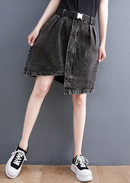 Black Asymmetrical Design Pockets Denim Short Skirt Summer