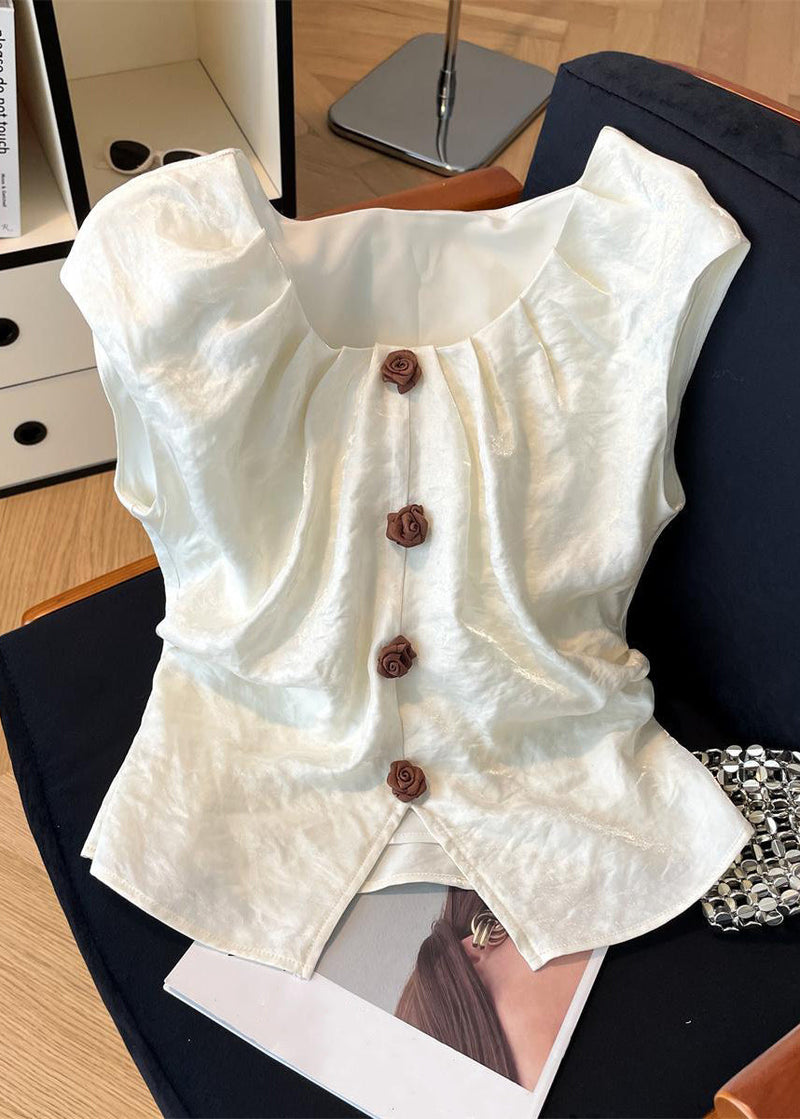 Beige Square Collar Front Open Silk Shirt Summer
