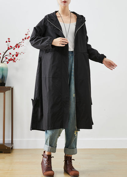 Black Hooded Patchwork Pockets Spandex Coat Outwear Fall