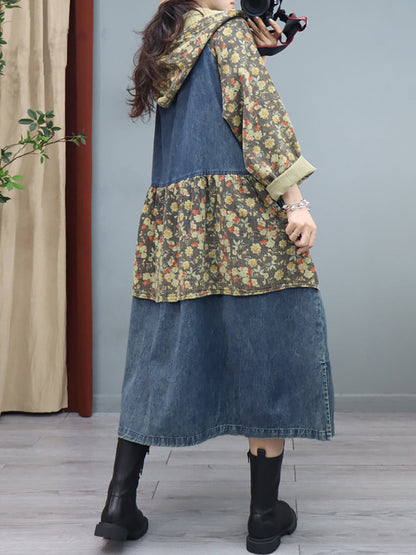 Denim Patchwork Print Hooded Long Coat