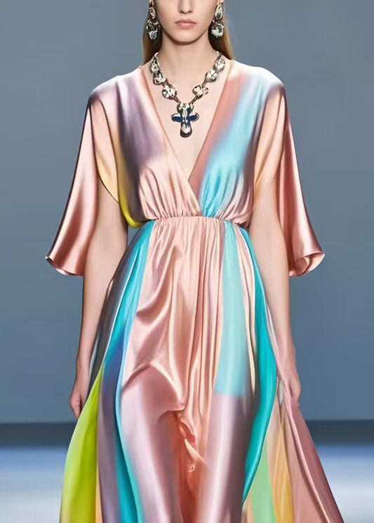 Boutique Brick Red V Neck Tie Dye Silk Long Dresses Summer