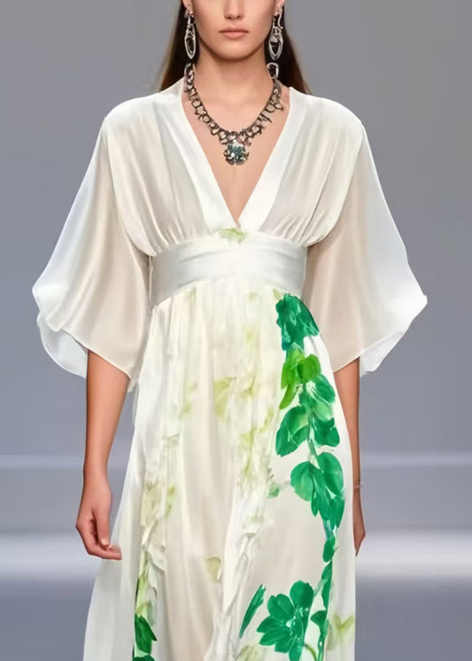 White Cinched Print Silk Long Dress Summer